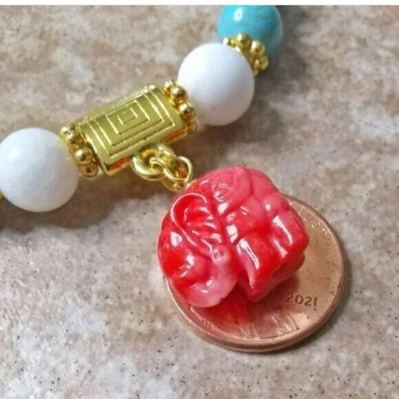 Elephant Lovers Bracelet ~ Aqua White + Salmon Stretch Bracelet ~ 7-7.5" Wrist - Picture 2 of 8